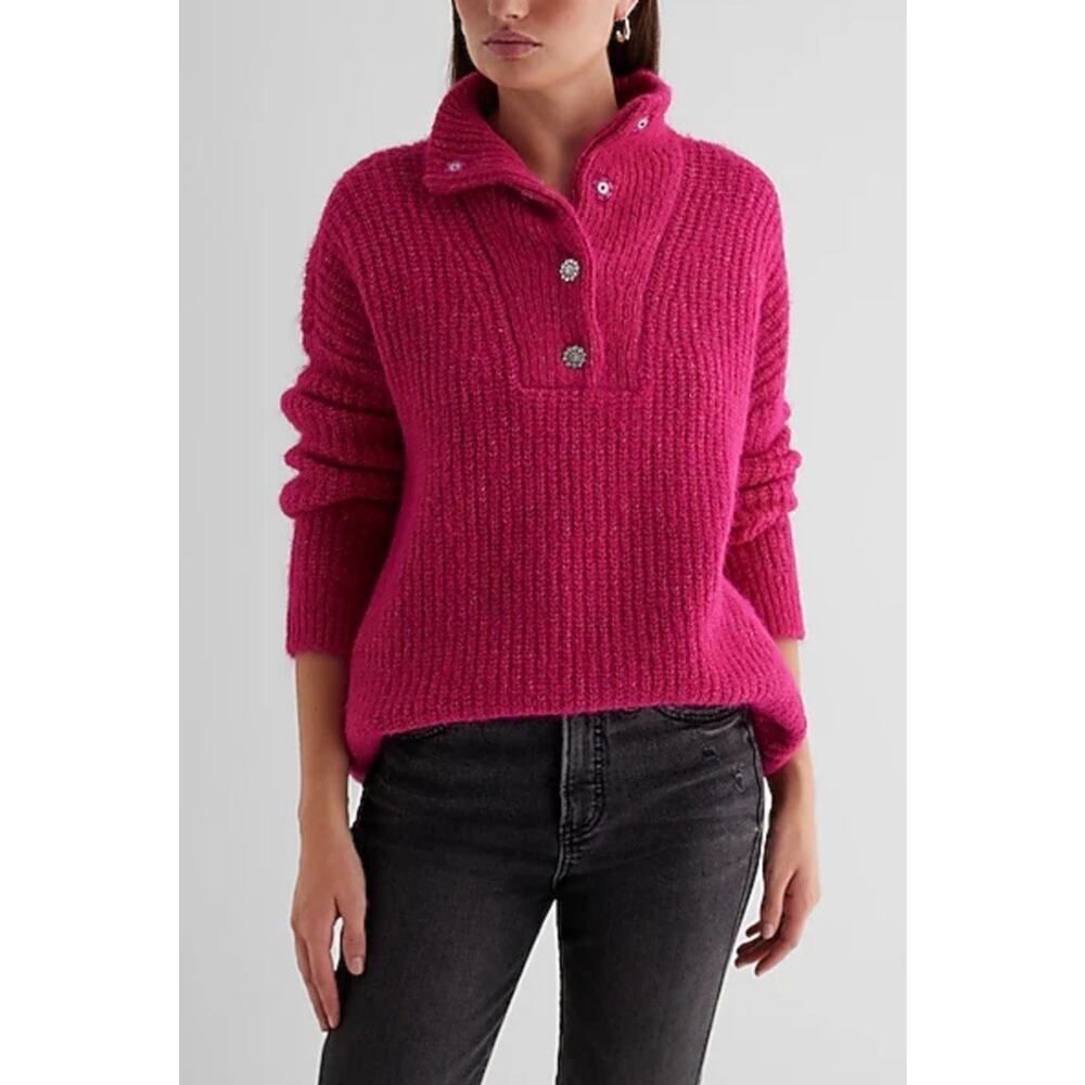 Express Fuzzy Knit Embellished Quarter Snap Sweater Pink Medium Cozy
